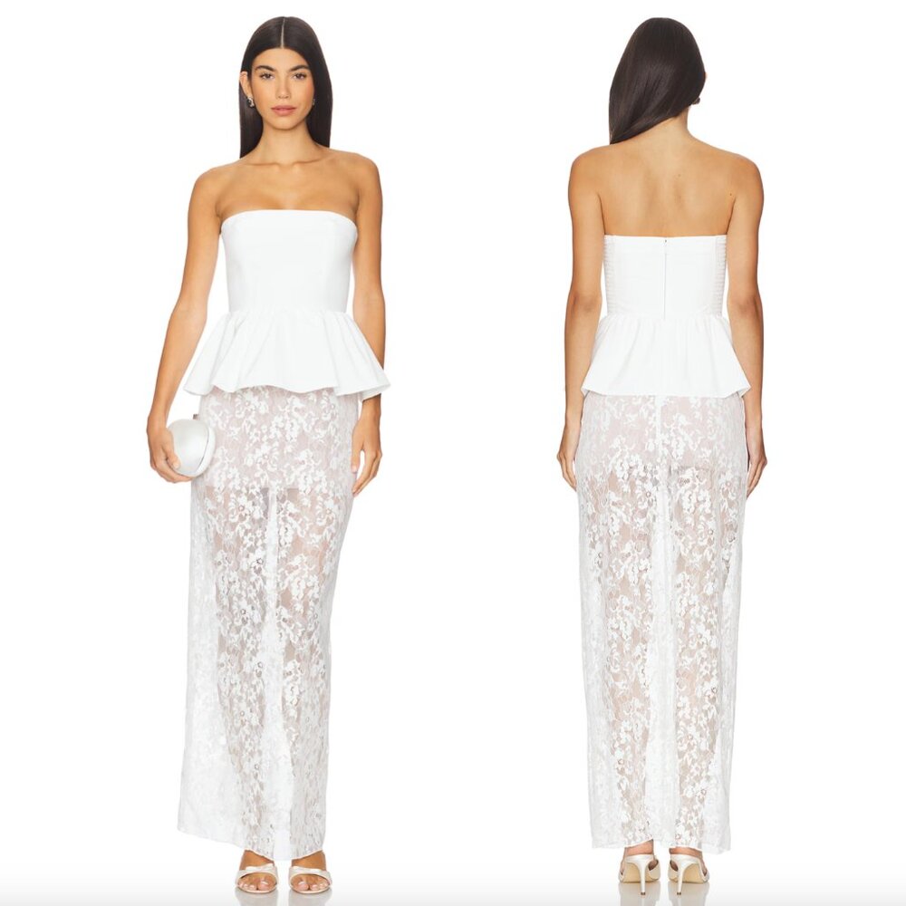 Amanda Uprichard White Strapless Peplum Lace Maxi Dress